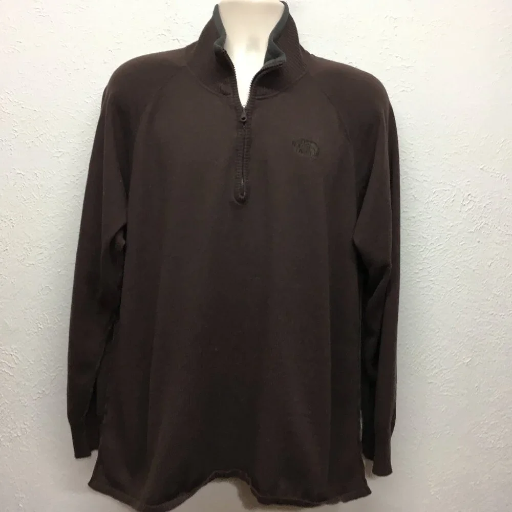 The North Face Sweater Mens XL Brown 1/4 Zip Pullover Cotton Wool Blend Long Slv
